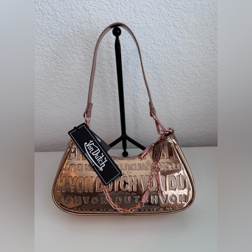 Von Dutch Metallic Rose Gold  Reflective Embossed Shoulder Bag